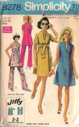8278 1969  SIMPLICITY JIFFY TIED DRESS,TUNIC SLEEVES OR NOT, PANTS PATTERN 10, 14 choice